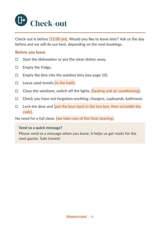 Page Check-out d'un welcome book en anglais