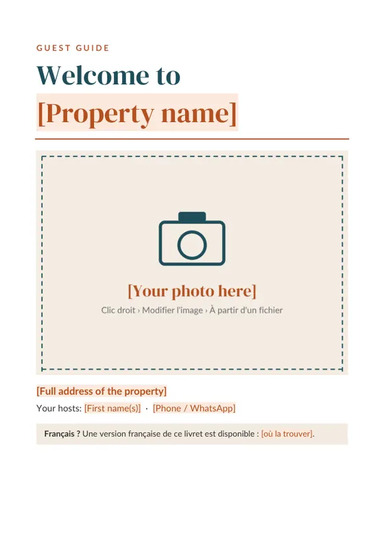 Couverture d'un livret d'accueil en anglais : Welcome to [Property name]