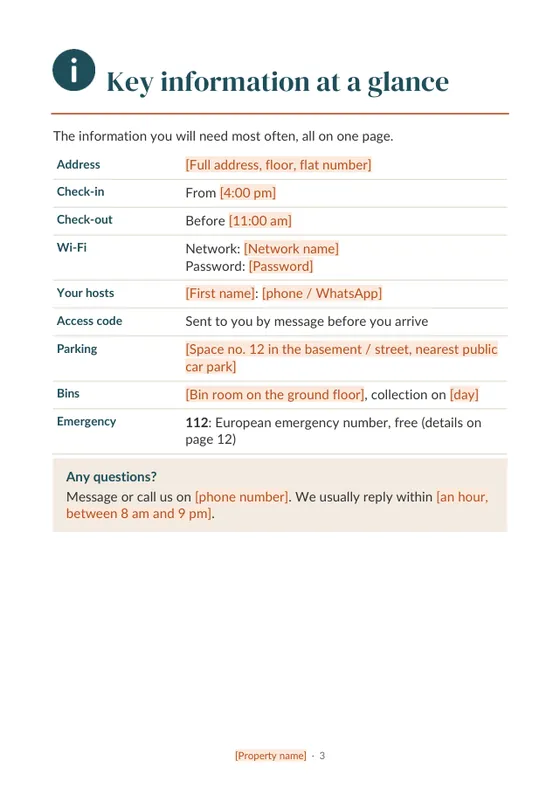 Page Key information at a glance d'un welcome book en anglais