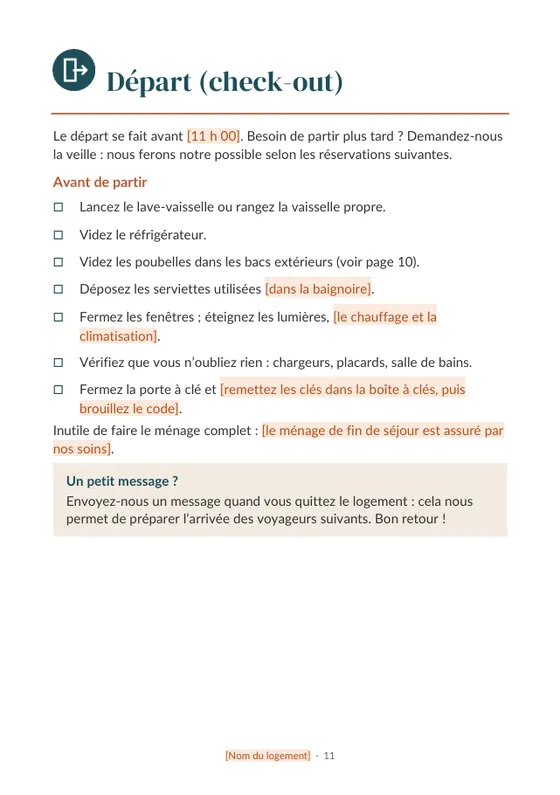 Page départ avec check-list de fin de séjour