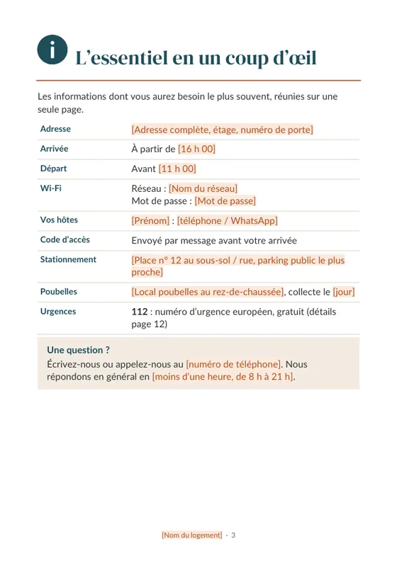 Page L'essentiel en un coup d'œil d'un livret d'accueil de gîte