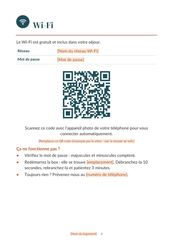 Exemple de page Wi-Fi avec QR code et dépannage